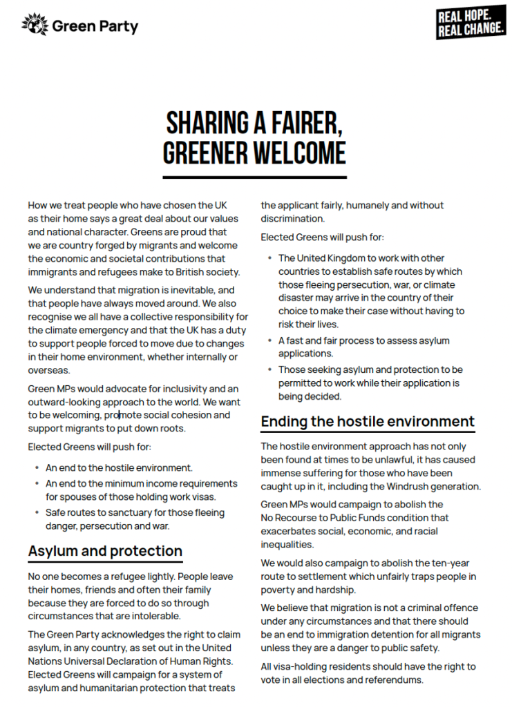 Green Party Manifesto 2024 Migration Chapter Page 1