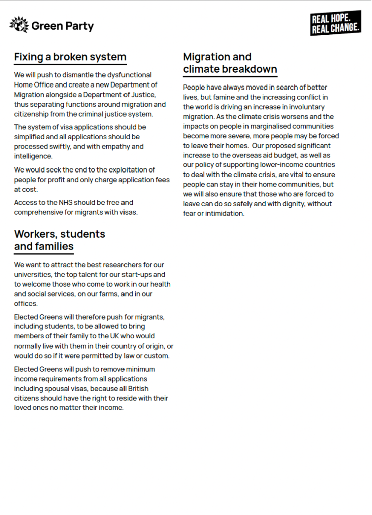 Green Party Manifesto 2024 Migration Chapter Page 2